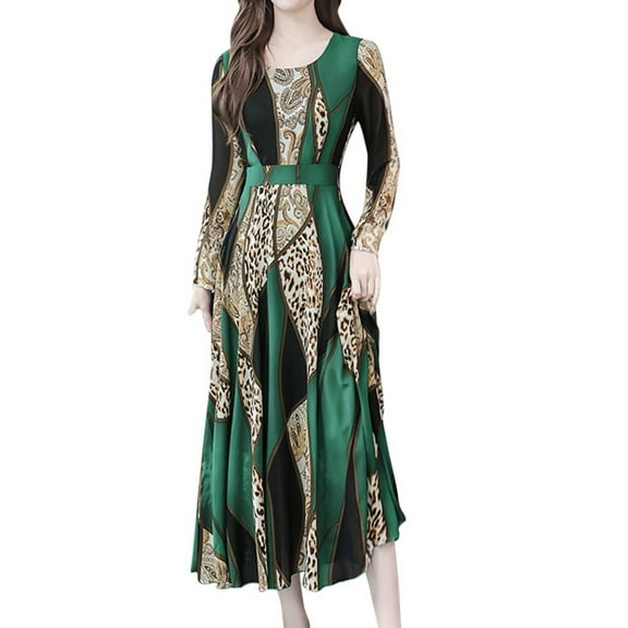 Ichuanyi Woman Dress Women Fashion Autumn Lady O-Neck Knee Length Long Sleeve Leopard Print Dress