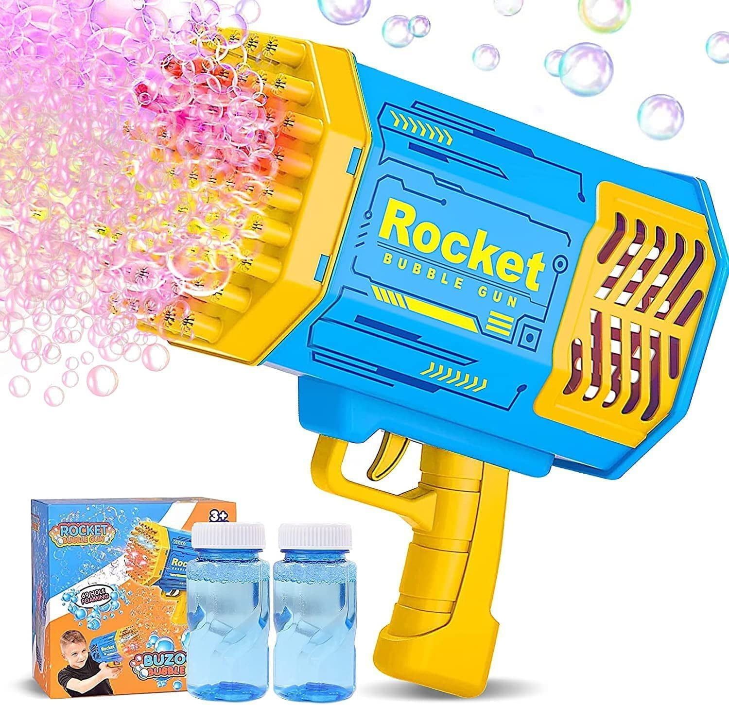 69Hole Bubble Gun with FlashLight/Bubble Solution, Big Rocket Launcher