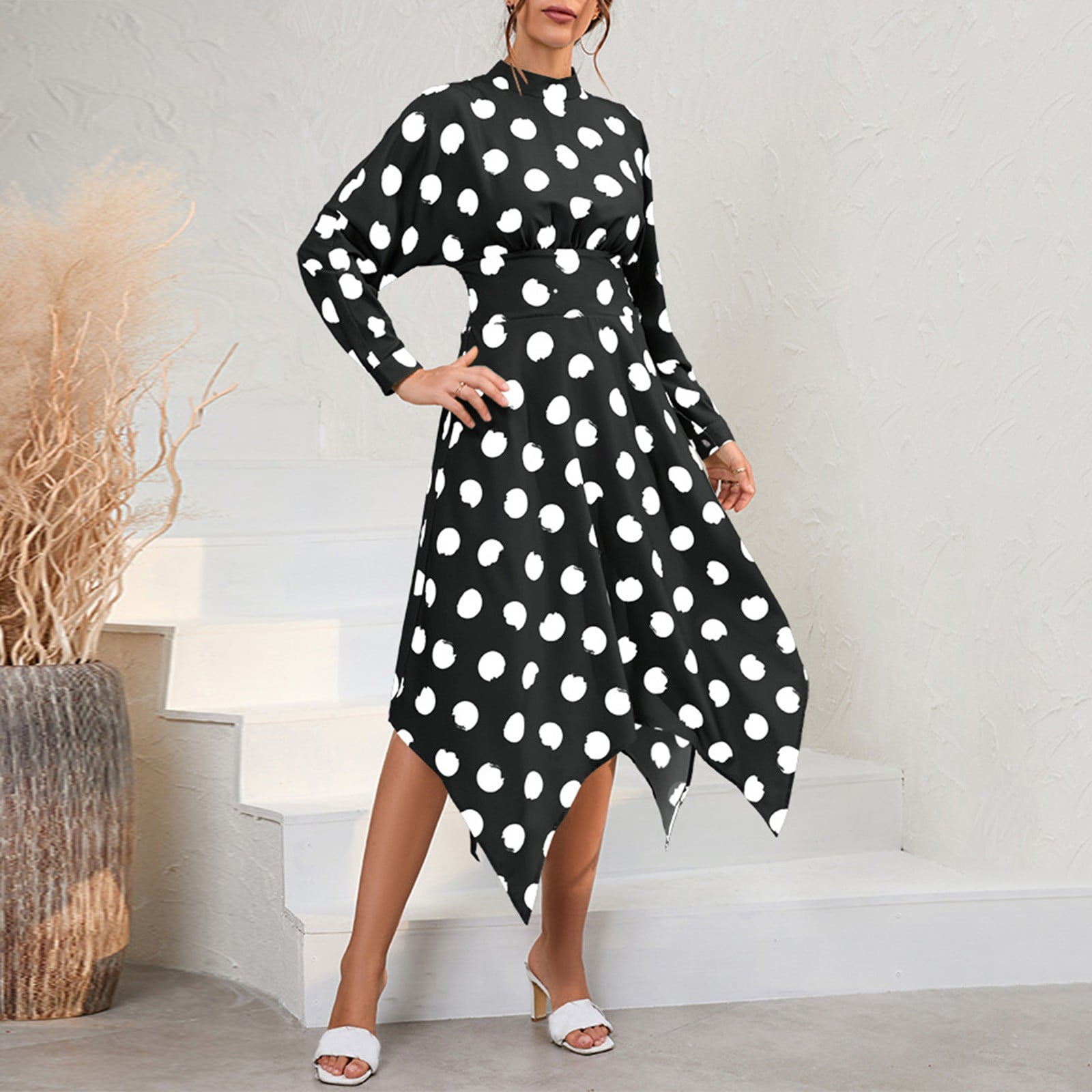 Ladies Elegant Irregular Skirt Long Sleeve Polka Dot Dress Summer Wrap Dress  for Women Black - Walmart.com