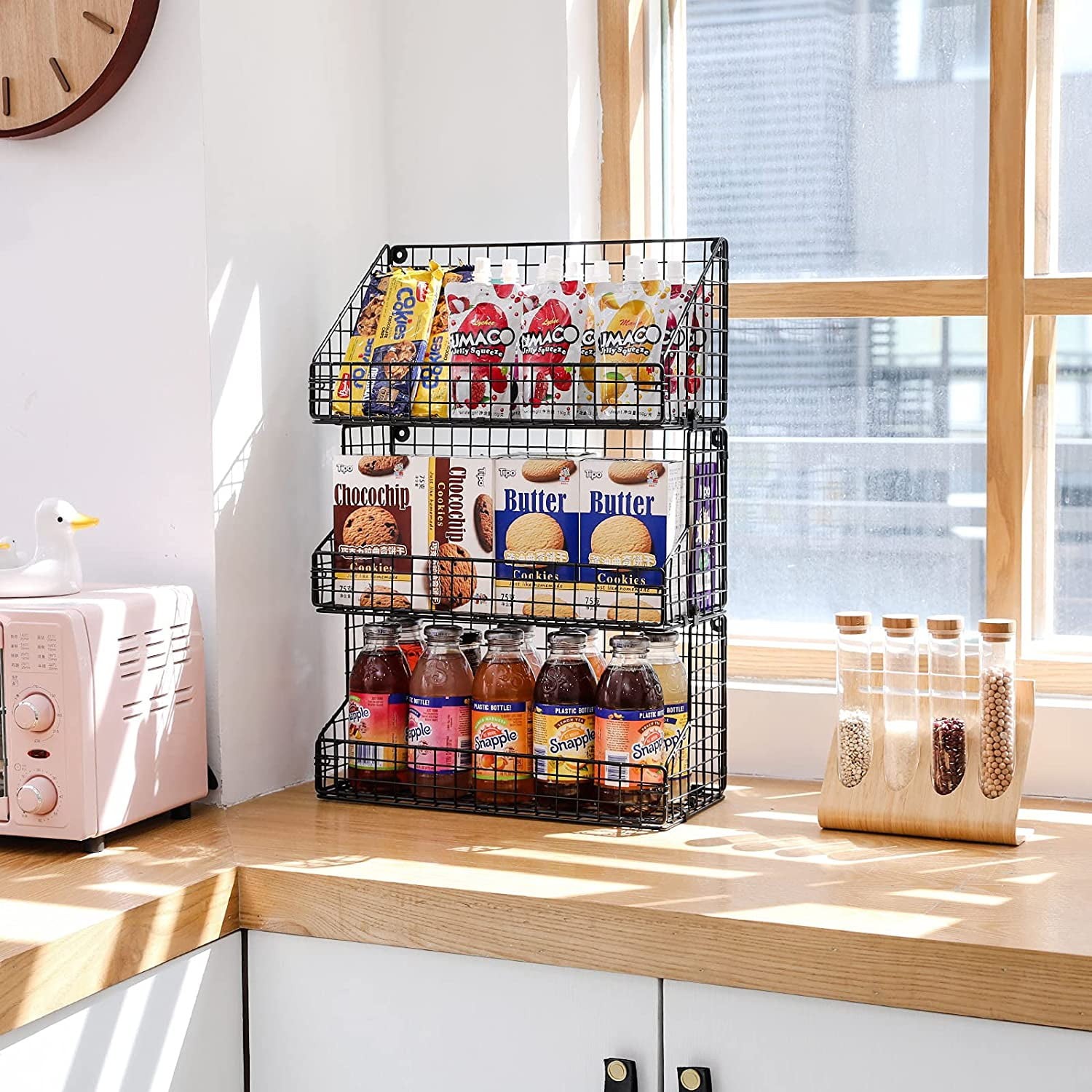 3 Tier Stackable Snack Organizer with Dividers - Wall Mounted Wire Storage Basket for Pantry Office Home