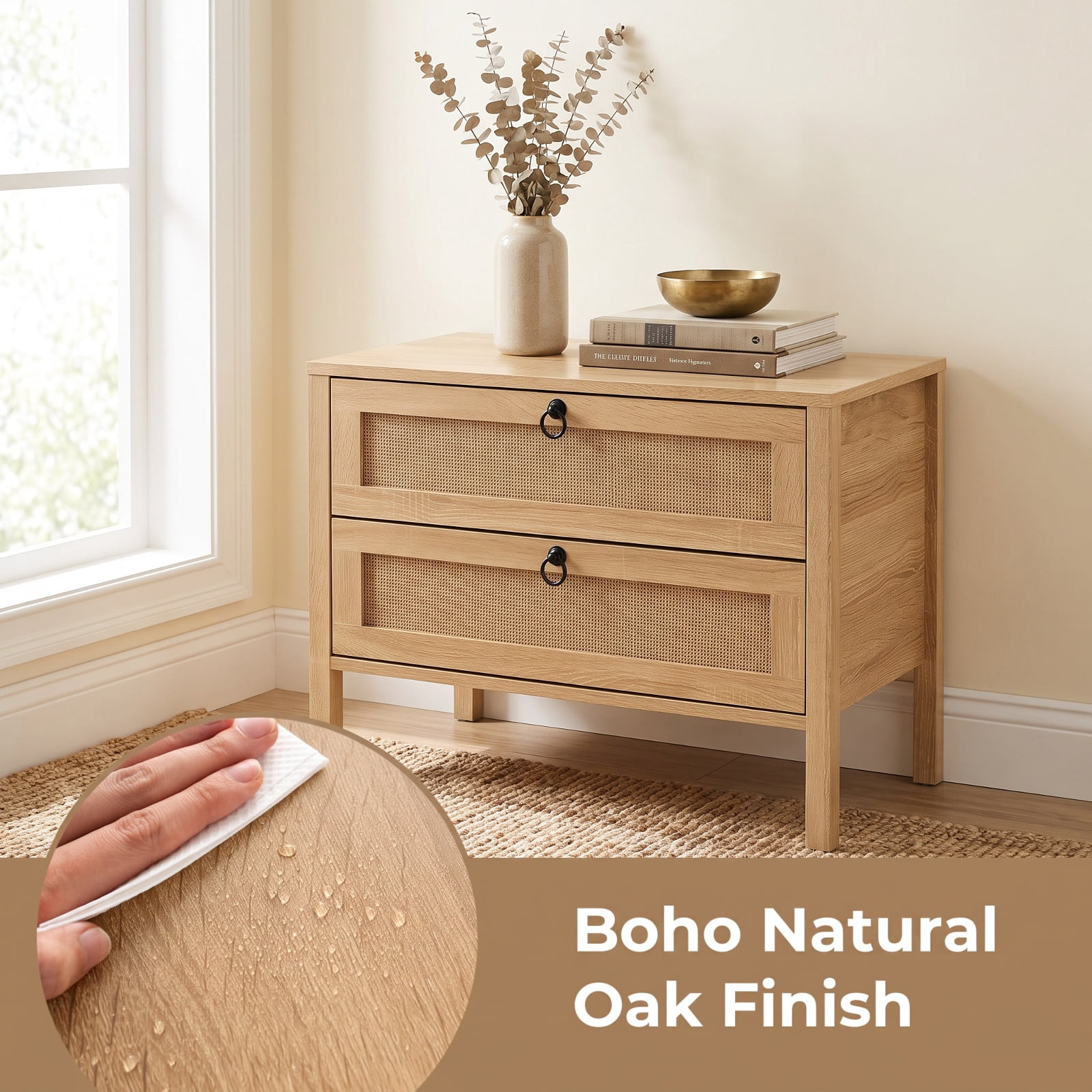 Furnibear Boho Rattan Nightstand with 2 Drawers and Bottom Open Shelf for Bedroom Living Room Bedside Sofa Side Small Space, Natural