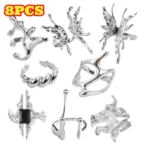 8pcs Vintage Silver Rings Set, Goth Coquette Stacking Rings, Aesthetic Jewelry Accessories for Women