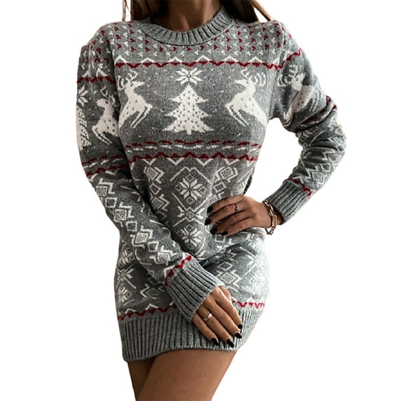 LilyLLL Womens Christmas Reindeer Knitwear Long Sleeve Jumper Sweater Mini Dress