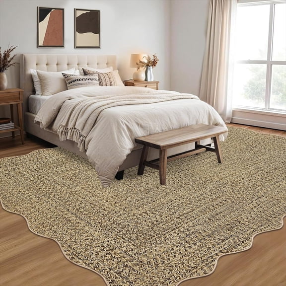 5x7 Scalloped Farmhouse Braided Print Area Rug, TPR Non Slip Washable Low Pile Standard Living Room Bedroom Carpet,Beige