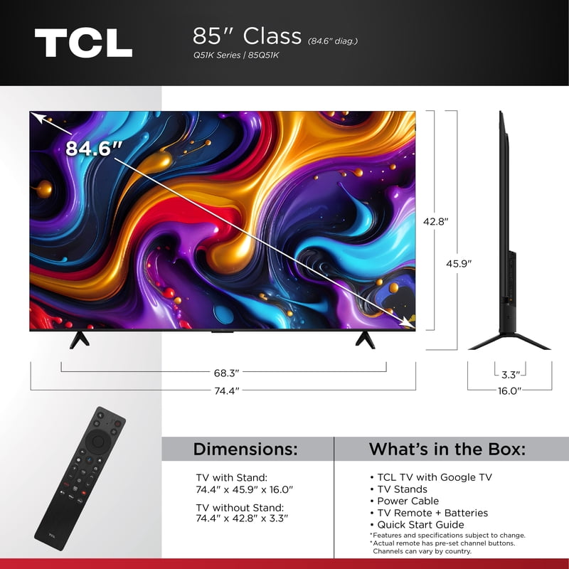 TCL 85" Q Series QLED 4K UHD HDR Smart Google TV (NEW 2025) - Dolby Vision, Dolby Atmos, Motion Rate 240, HDR 10+, Auto Game Mode - 85Q51K feature detail