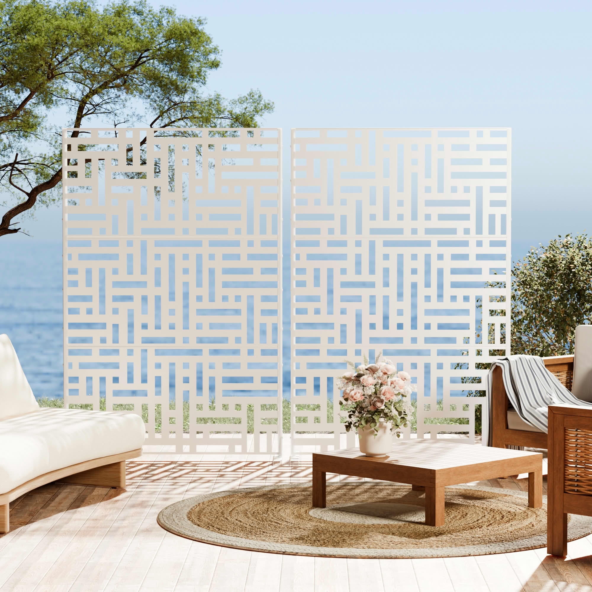 MAYEERTY 72"x47" Outdoor Privacy Screen, 3-Panel White Street Pattern Galvanized Steel Screen, Decorative Cutout Fence for Patio Yard