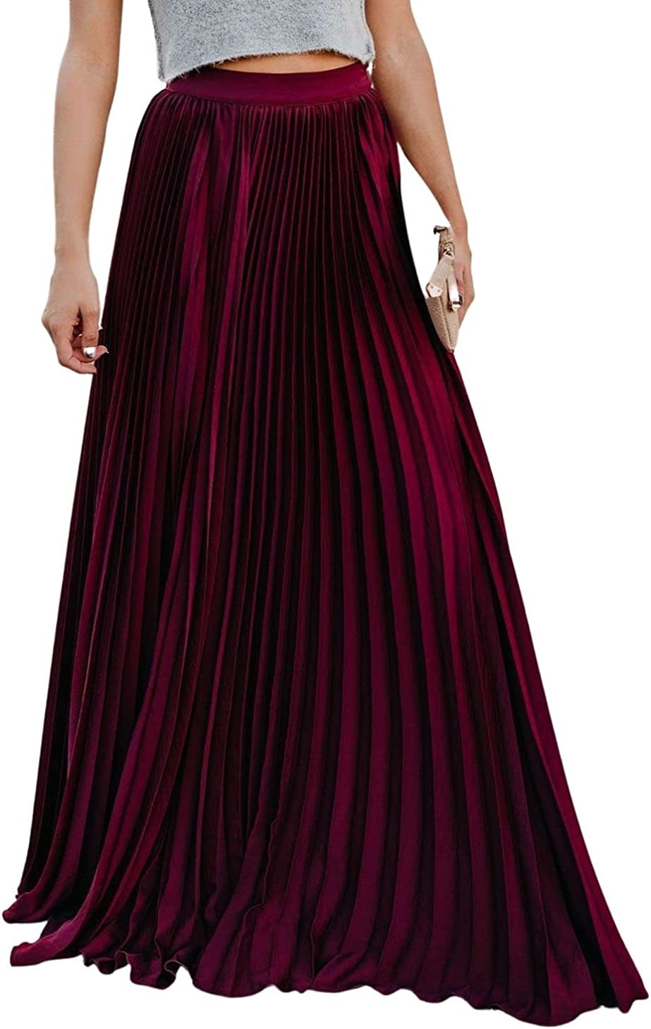 Pikadingnis Womens High Waisted Flowy Pleated Maxi Skirt Party Club Swing Long Maxi A Line 3131