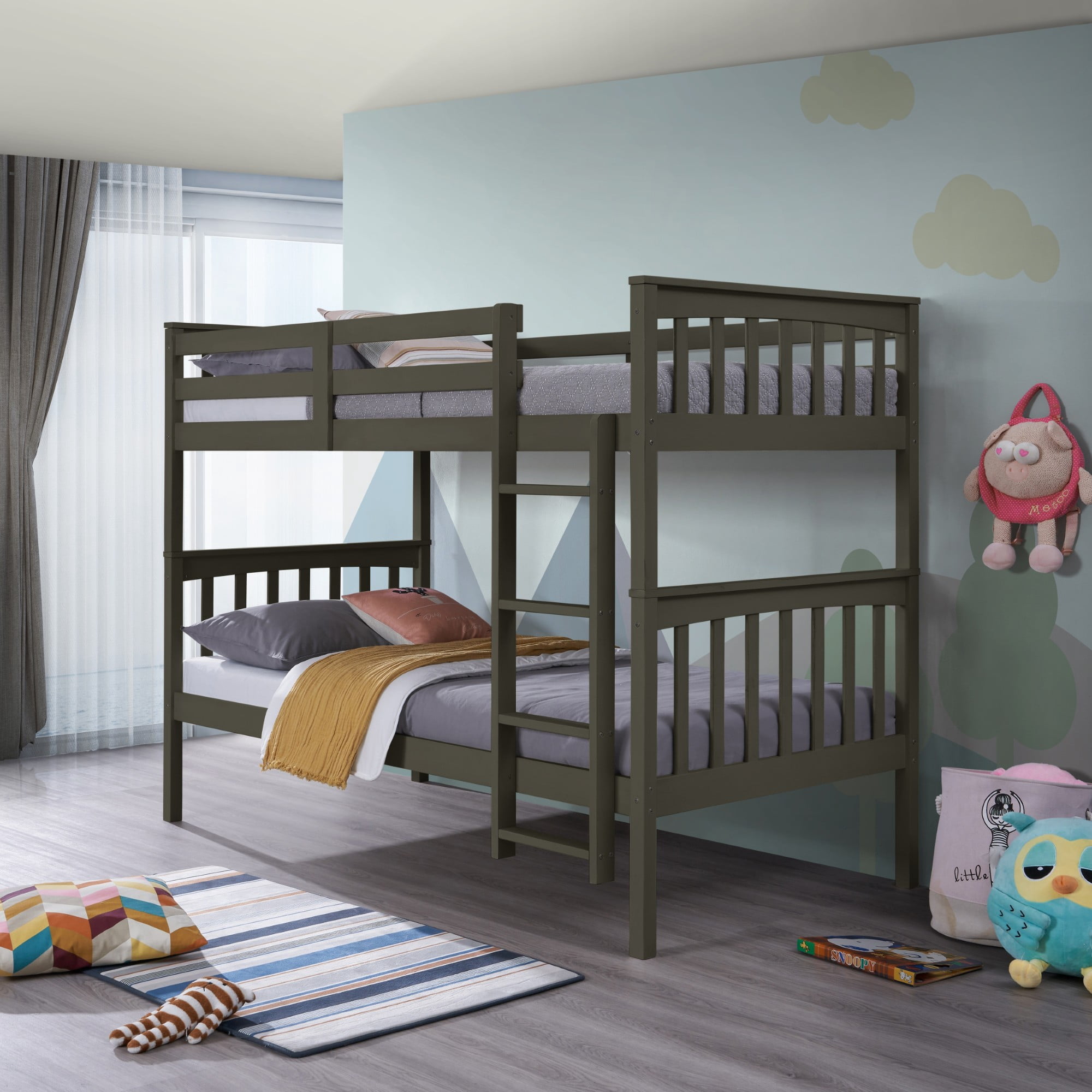Home Design Ames Twin Over Twin Solid Wood Bunk Bed Frame, Convertible, Sturdy Guardrails, Dark Gray, Easy Assembly