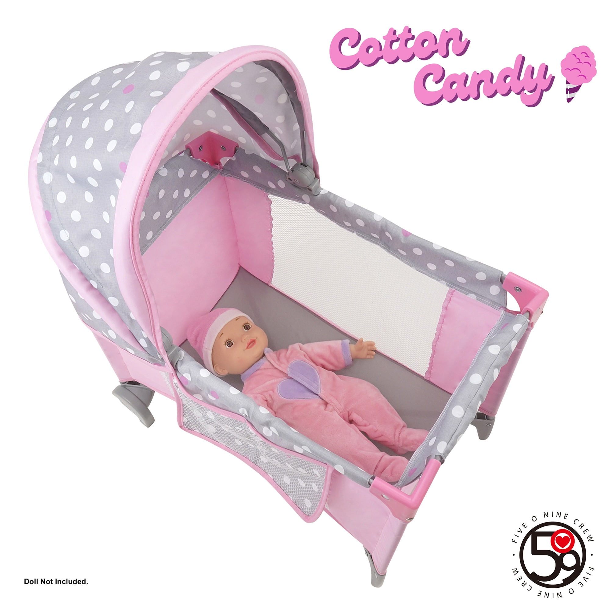 Cotton Candy Pink Doll Play Yard in Grey Polka Dots, Fits Dolls Up to 18