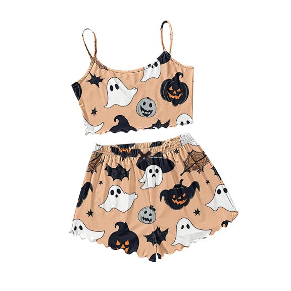 Womens Pajama Sets Halloween Skeleton Print Lettuce Trim Short Sleeve 2pc Outfit Halloween Pajamas for Women Set Beige L