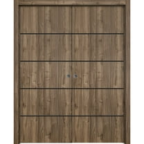 Sliding French Double Pocket Doors 72 x 80 inches | Planum 0015 Walnut with Frosted Glass | Kit Trims Rail Hardware | Solid Wood Interior Bedroom Sturdy Doors
