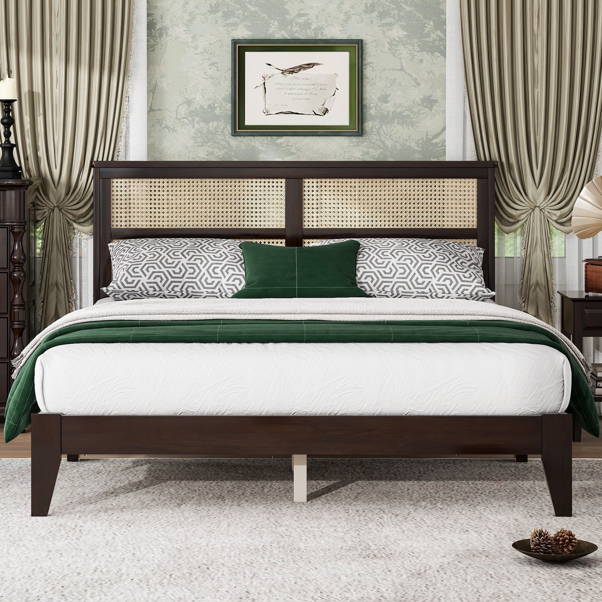 Miniyam Wood Queen Size Bed with with Rattan Headboard for Adult, Espresso