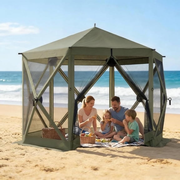 LQLI Pop Up Sun Shelter with 360° Airflow Mesh for Camping, Outdoor Canopy Gazebo with UPF30 Oxford Roof for Backyard Parties, Portable Screen House for 6-8 Person Picnics or Beach Trips