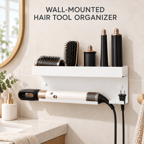 OZERA Wall Mount Hair Tool Organizer, Storage Holder for Hair Dryer, Curling Iron, Hair Straightener and Styling Attachments, White, Bathroom Accessory Stand