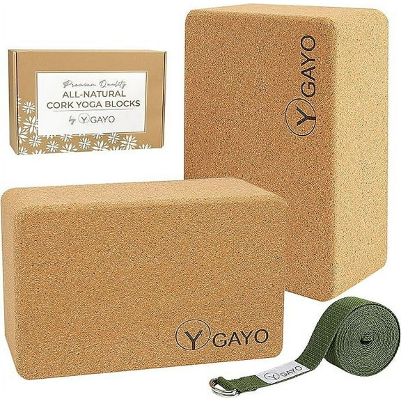 Cork Yoga Blocks Set, 2 Pack with Stretch Strap - Large, Sturdy, 9 X 6 X 4 inches, Premium Sustainable Natural Cork Blocks and Strap Set, Yoga Bricks for Superior Stability, Balance and Support in Yog