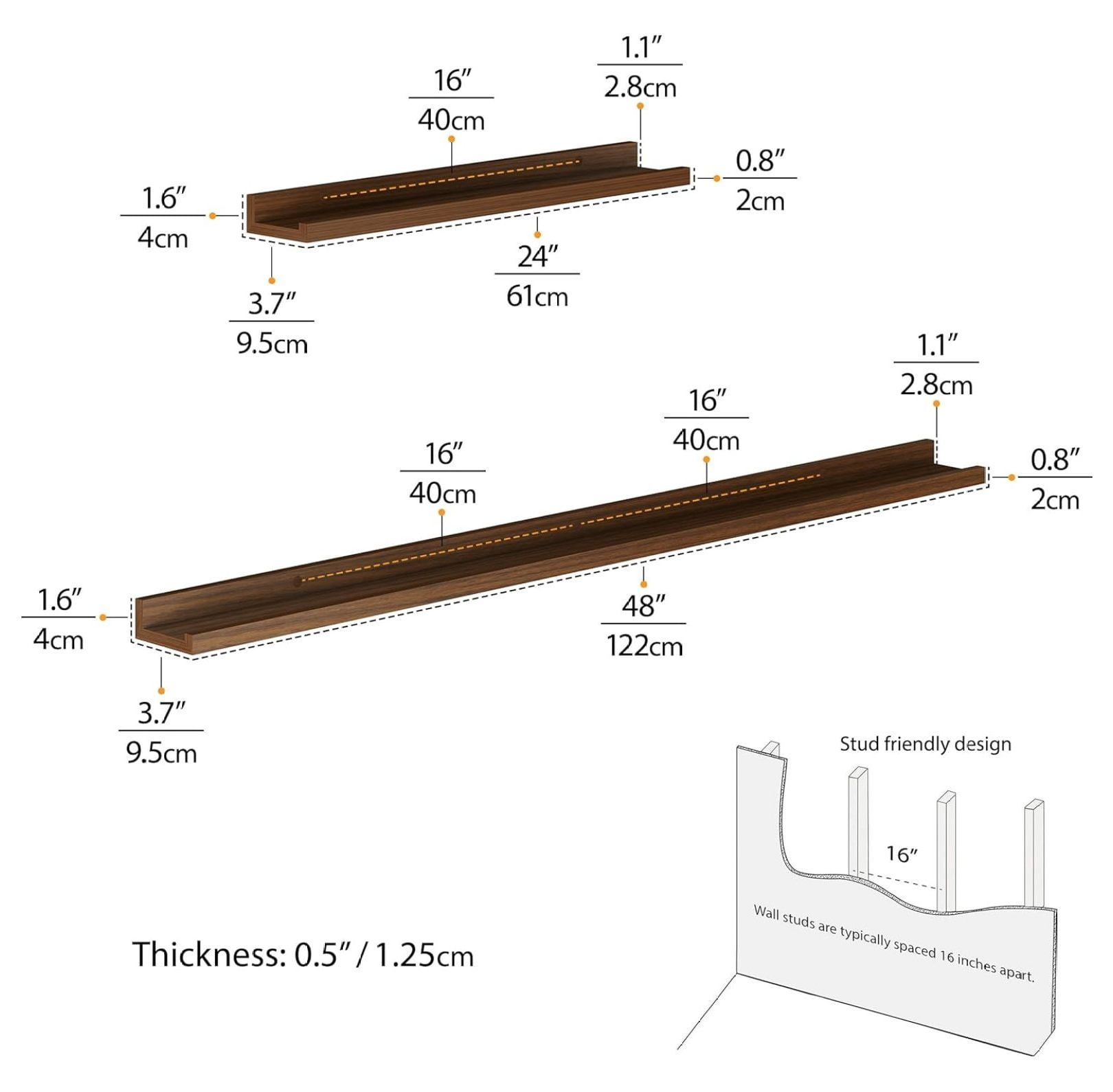 Floating Shelves Set of 3, Picture Ledge for Wall Decor - Walnut - Living Room, Bedroom, Office - Book Display, Multi Size