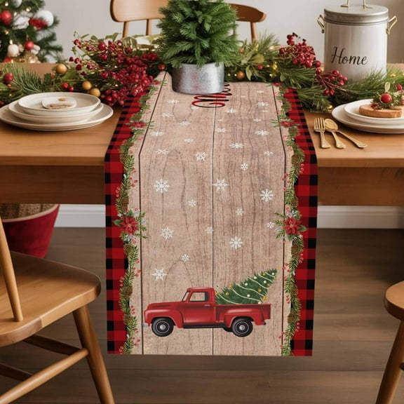 Burlap Table Runner 36 Inches Long,Merry Christmas Red Truck on Wooden Non-Slip Kitchen Table Runners for Dining Room Everyday Use Party Table Decorations Red Black Plaid