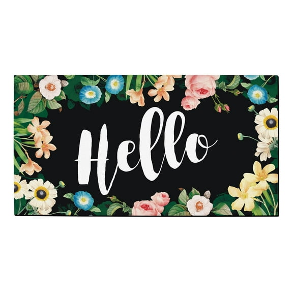 ThisWear Spring Summer Home Decor Hello Rubber Welcome Mat for Home Black with Flowers Doormat Black Floral