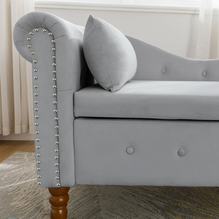 Velvet Storage Chaise Lounge End of Bed Storage Bench with Pillow and Backrest Button Tufted Lounge Chair with Nailhead Trim Wood Legs Padded Sleeper Sofa Couch for Living Room Bedroom Grey