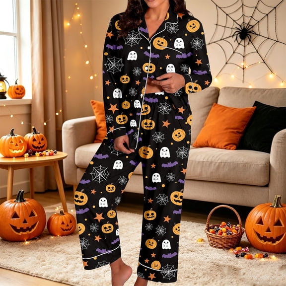 Halloween Pjs Women Long Sleeve Shirt Long Pants Soft Cozy Casual Sleepwear Loungewear 2 Piece Pajama Set Black L
