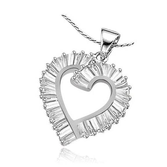 Pave Set Heart Shape Pendant with Lab-made Baguettes by Diamond Essence set in Sterling Silver