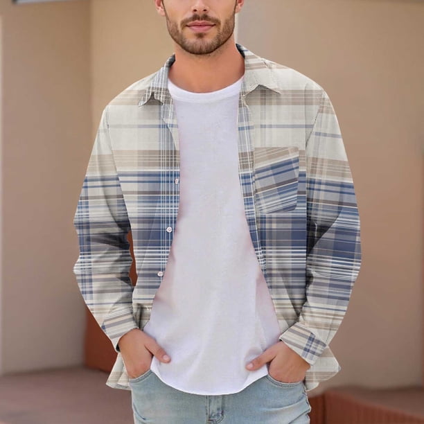 Blusa y camisa de manga larga con cuello vuelto para hombre, informal, a la moda, con botones, estampado a cuadros, blusa elástica de manga larga con cuello vuelto, blusa de poliéster para hombre
