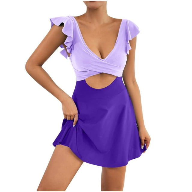 Tauxra Robe de Bain Taille Haute en Maille à Col en V pour Femmes avec Contrôle du Ventre et Short Intégré