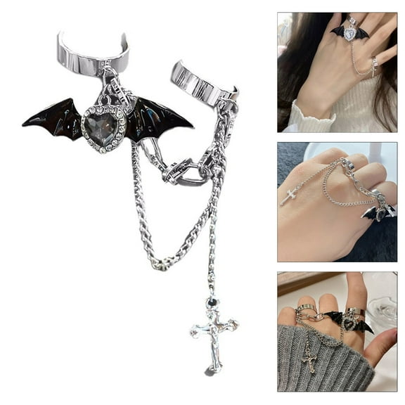 AOOOWER European and American Metal Bat Wing Ring Devil Crossed Chain Rings
