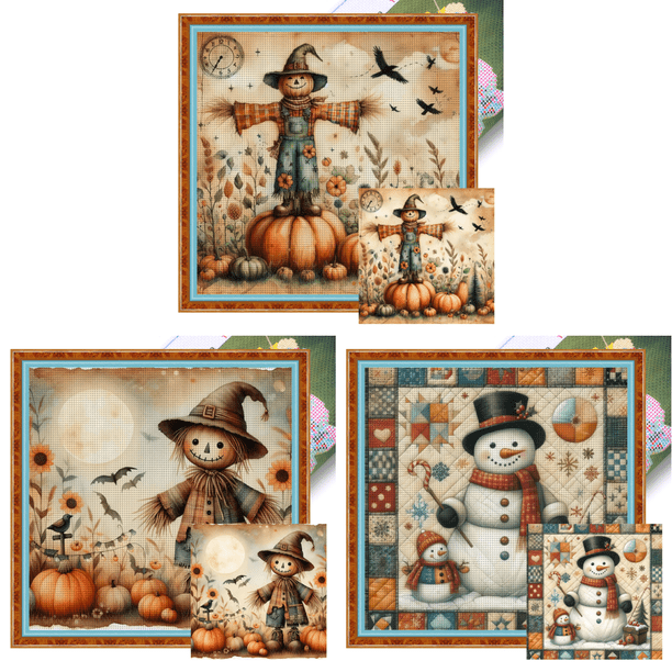 (1) Hilo Algodón Ecológico Bordado 11CT 3 Hebras Impresión 50*50 Cm Espantapájaros Pie Sobre Calabaza Kit Serie Navideña Punto Cruz