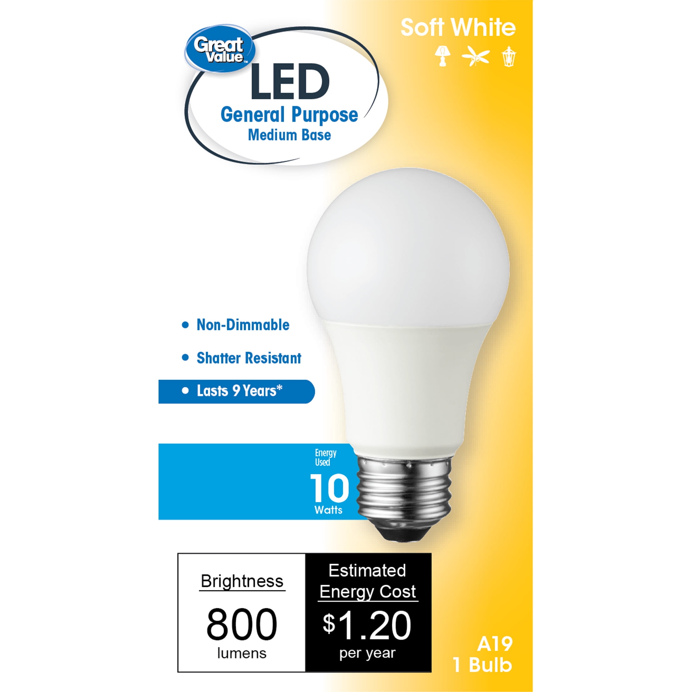 Great Value LED Light Bulb, 10W (60W Equivalent) A19 General Purpose Lamp E26 Medium Base, Non-dimmable, Soft White, 1-Pack