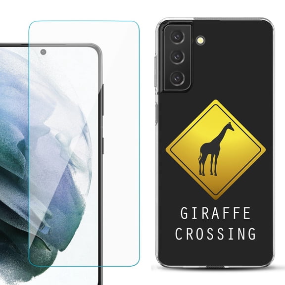 Slim-Fit TPU Fashion Phone Case for Samsung Galaxy S21 FE 5G Fan Edition, with Tempered Glass Screen Protector, by OneToughShield ® - Road Sign Giraffe