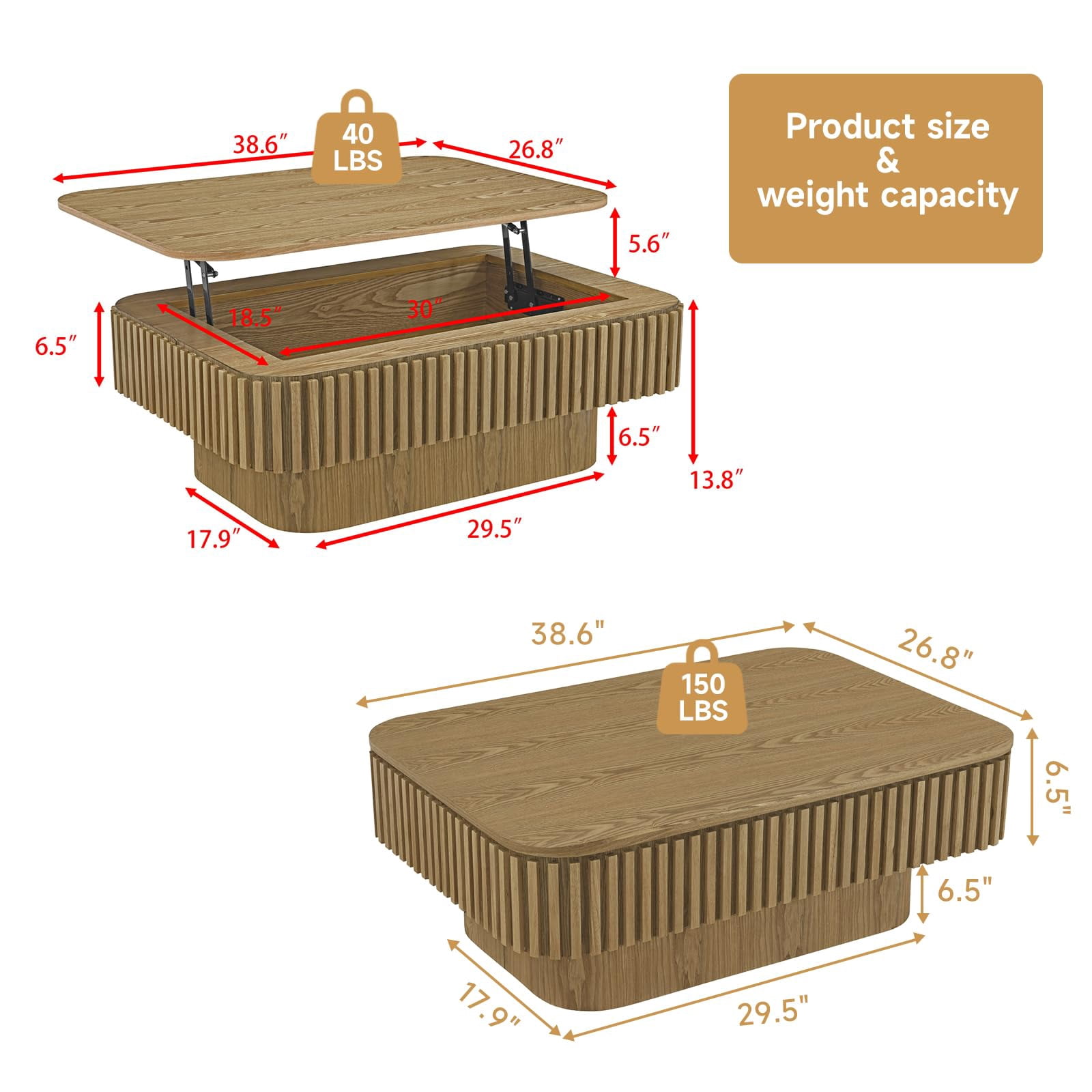38.6" Lift-Top Natural Coffee Table with Hidden Storage Design for Living Room, Office or Small Spaces