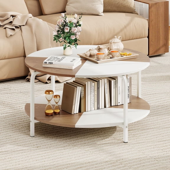 Round Coffee Table, 2-Tier Center Table with Open Storage Shelf, Cocktail Accent Table with Heavy Duty Metal, Modern Living Room Tables for Small Spaces (White & Natural)