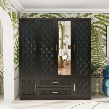 ClassyCabin Armoire Wardrobe Closet Cabinet with Drawers, Modern Closet Cabinet for Large Capacity with Hanging Rod, Wood