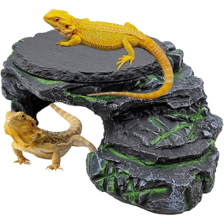 Bearded Dragon Basking Platform, Turtle Basking Platform Decorative Reptile Hideout with Rock Slate Plate in Terrarium for Lizard, Leopard, Crested Gecko(Large-Green)