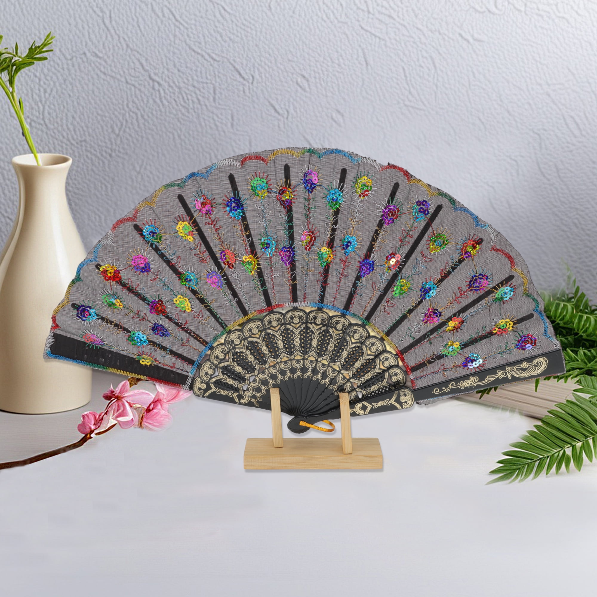 Unique Bargains Beautiful Sequins Folding Fan 1 Pc Colorful