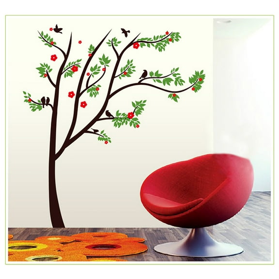 Little Red Flower Bird Tree Wall Decal - DIY PVC Transparent Film for Kindergarten, Living Room, Children's Room, and TV Sofa Background Wall Art Decor