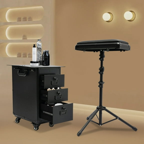 TFCFL 3 In 1 Tattoo Travel Cases With Tattoo Armrest Stand Lockable Rolling Makeup Train Case with 4 Universal Wheels