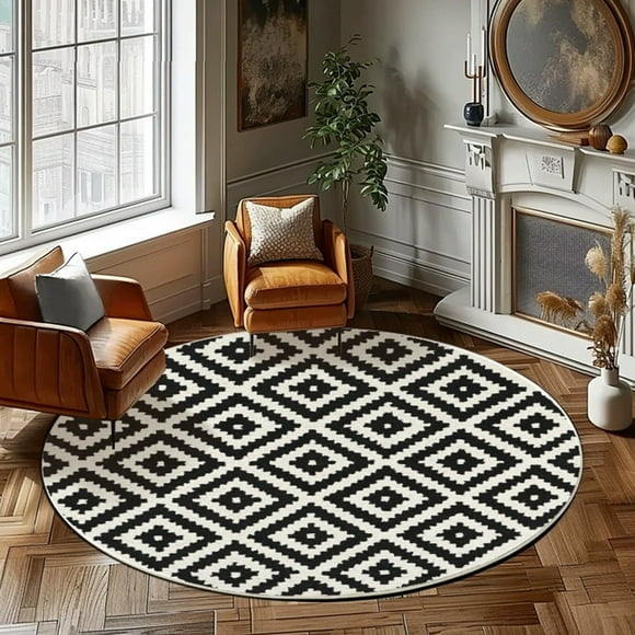 Kingfansion Non-Slip Carpet - Machine Washable and Durable, Non Slip Machine Washed Circular Carpet for Dining Room Living Room Bedroom Kitchen, 80x80cm/31.50x31.50in, Black/White