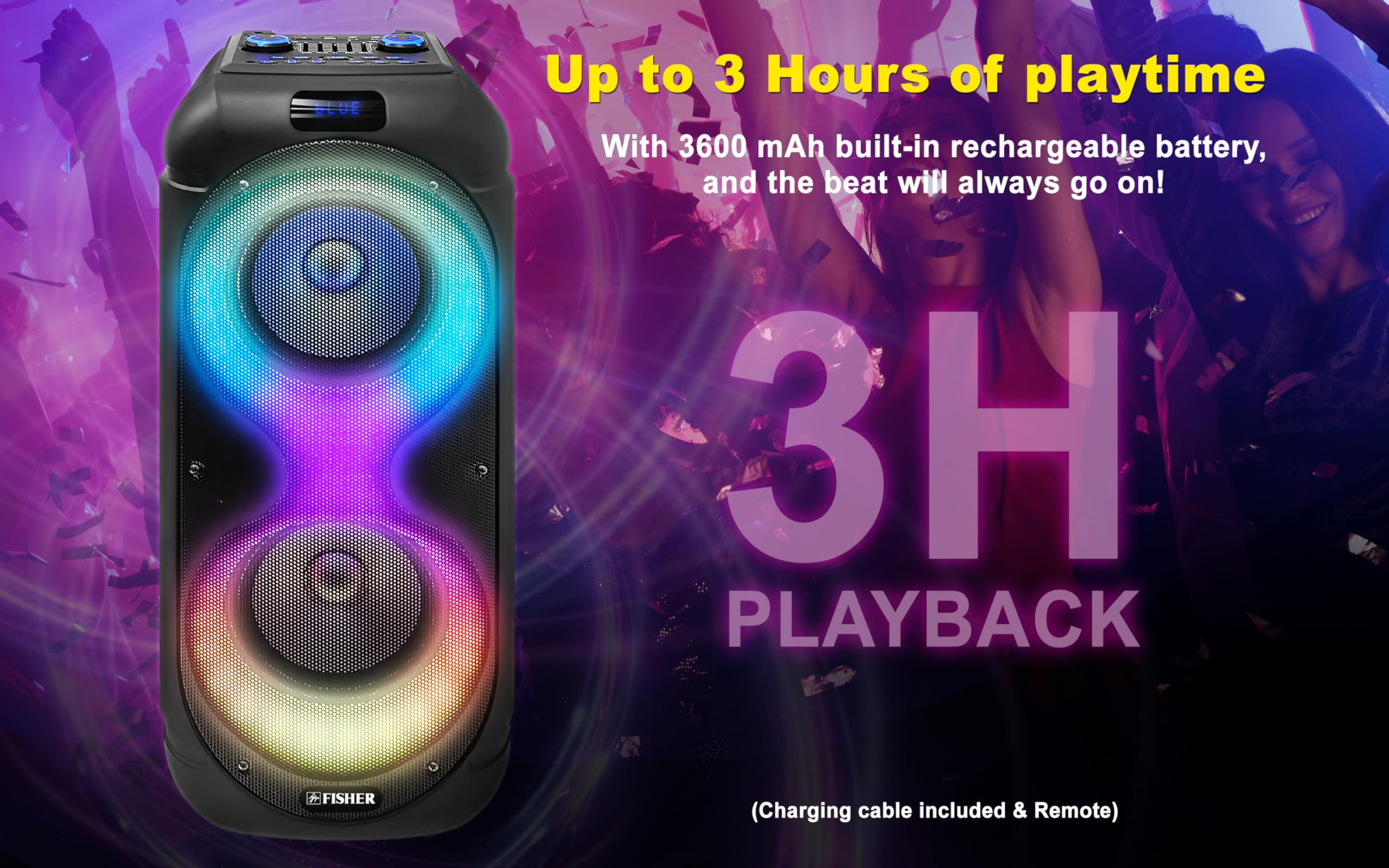 Fisher Portable Bluetooth Wireless Speaker System: Dual 8" Subwoofer 80W Peak Power|Loud HD Deep Bass Sound & LED Lights, Rechargeable Karaoke, TWS Pairing, USB Port, TF, AUX, FM Radio & Handle Bar
