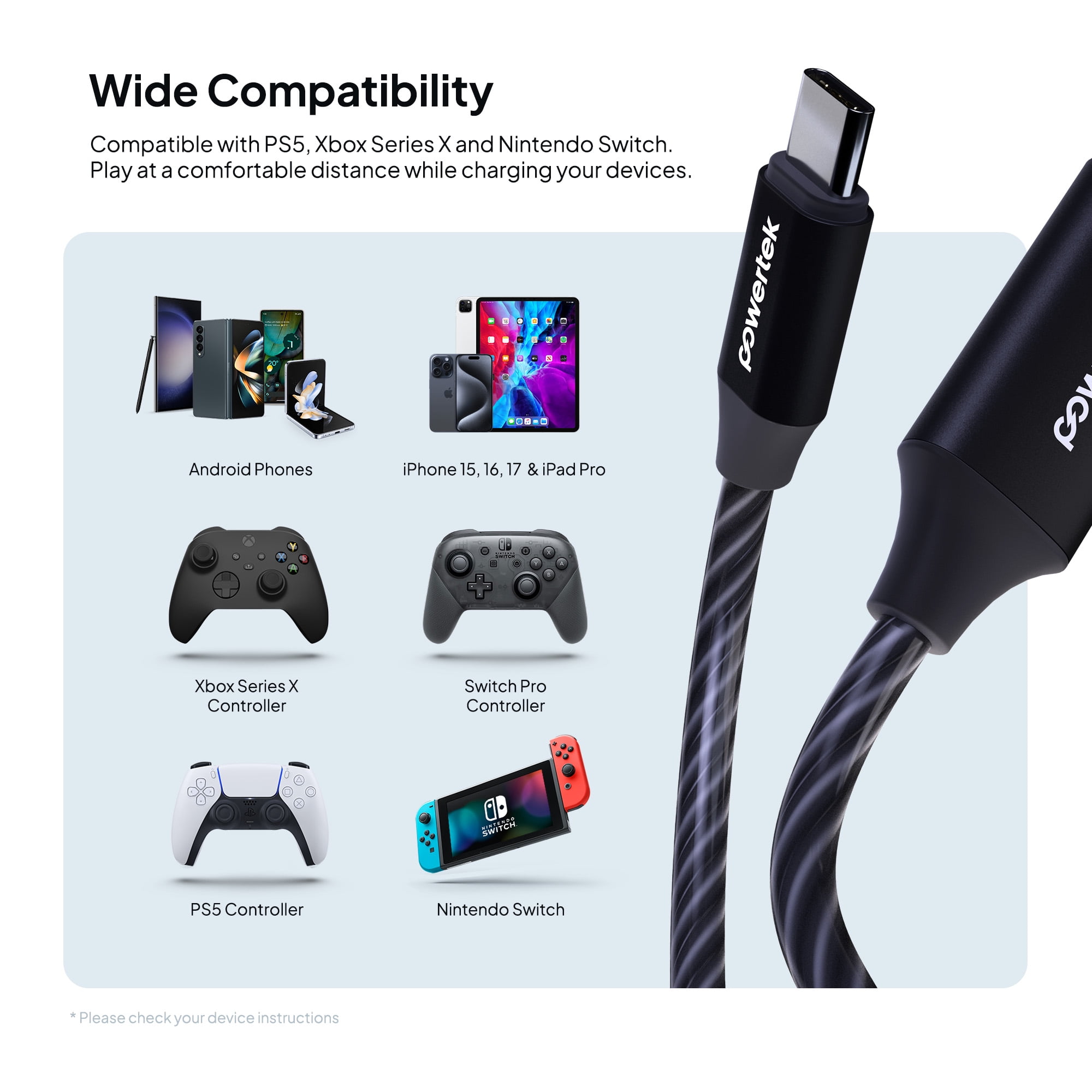 Powertek Light-Up USB-C to USB-C Fast Charging Cable, 60W, 5 ft, Black