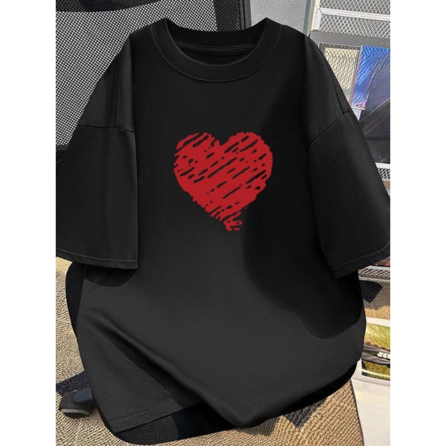 Classic Black Cotton T-Shirt with Heart Design - Casual, Breathable & Versatile Short Sleeve Crew Neck Tee for Casual Attire, Casual Sporty Tee, Summer Gifts