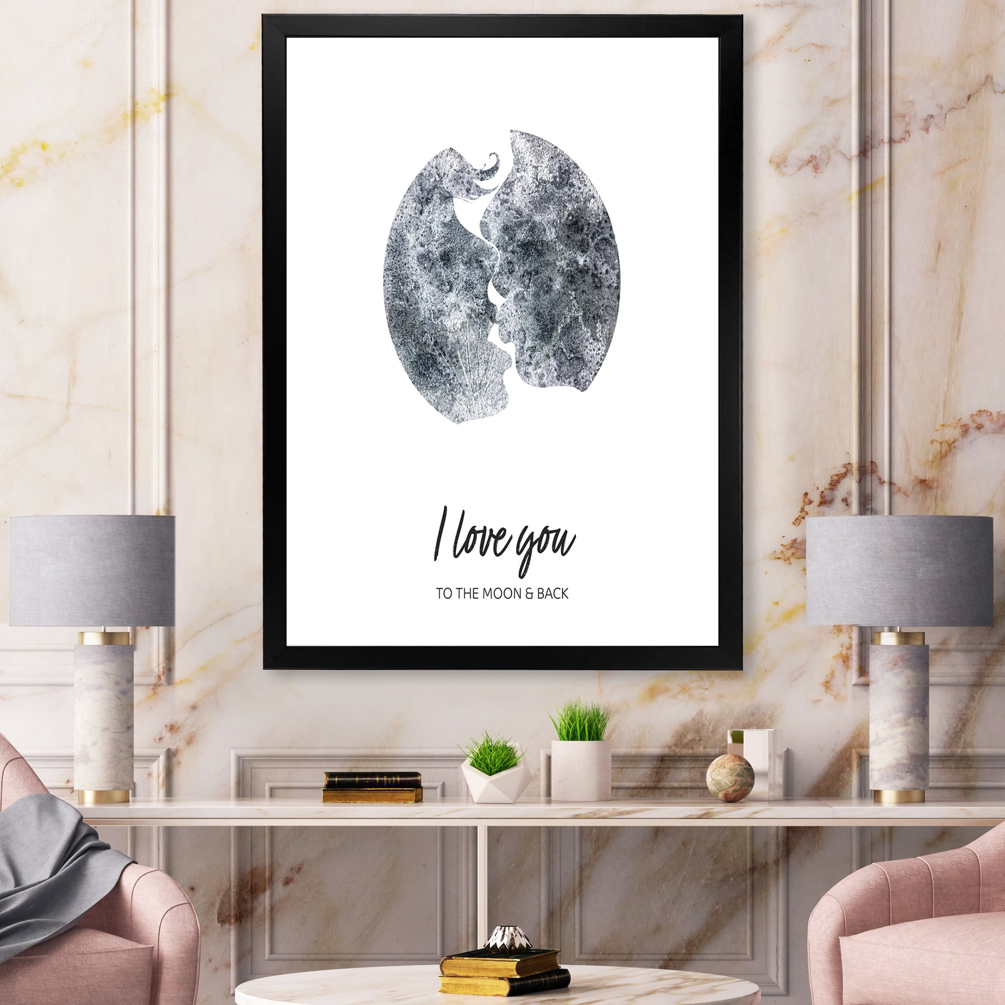 Designart 'Kiss of Two Lovers In Romantic Moon Shape' Modern Framed Art Print