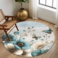 thumbnail image 2 of Round Area Rug 8 Ft, Teal Tulip Butterfly Washable Non-Slip Circle Carpet for Living Room/Bedroom, Beige Turquoise Floral Farmhouse Blue Collection Low-Profile Large Area Rugs for Indoor, 2 of 8