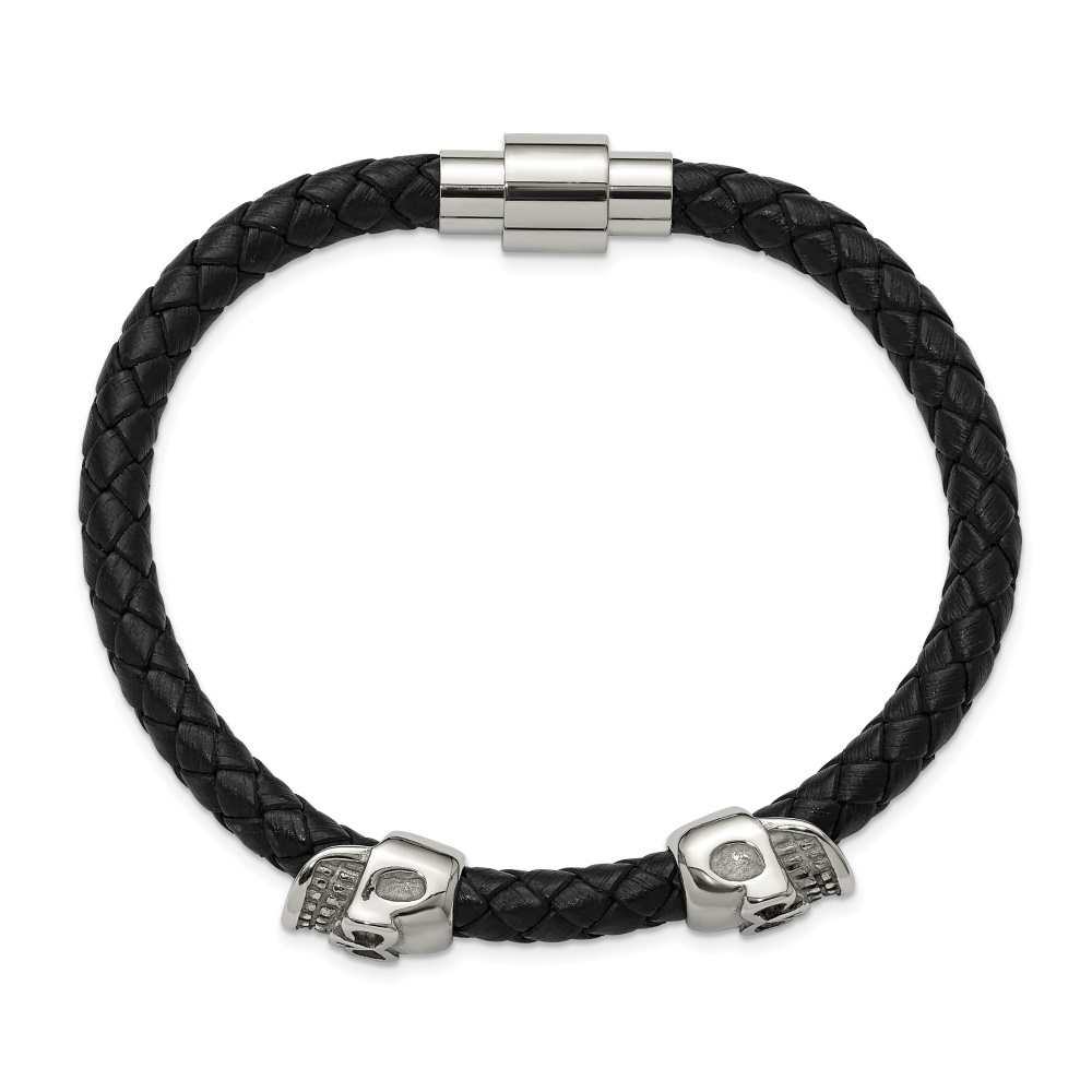 Diamond2Deal Stainless Steel Polished Skull Beads on Black Leather Bracelet for Men 8.75"