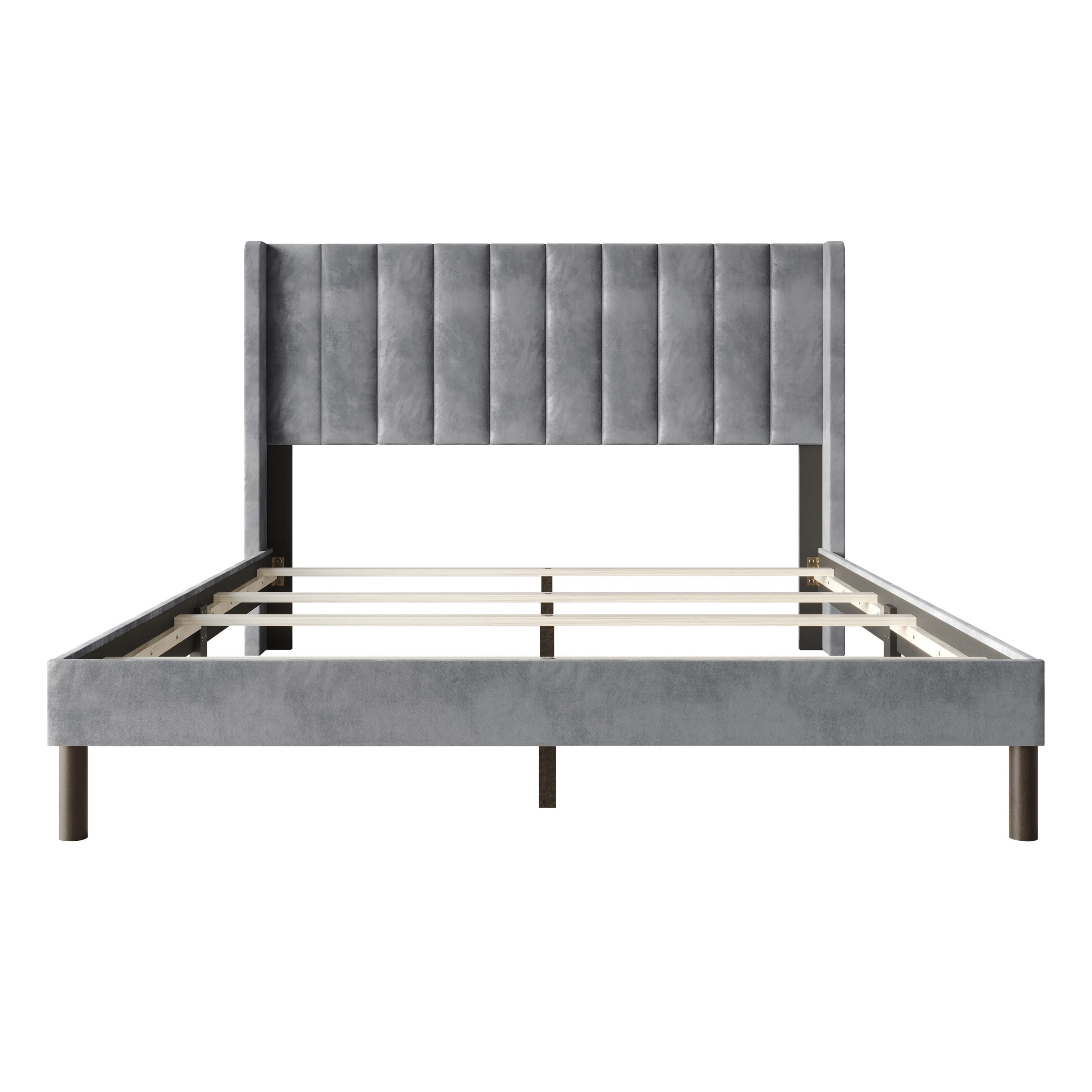 Home Design Herrin King Tufted Luxurious Velvet Upholstered Wingback Panel Bed Frame with Vertical Channel Tufting & Wingback Design, Silver Gray, Easy Assembly