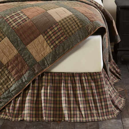 California King Plaid Bedskirt - Natural Tan Primitive Bedding Cinnamon Plaid Cotton Split Corners Gathered Plaid King Bed Skirt
