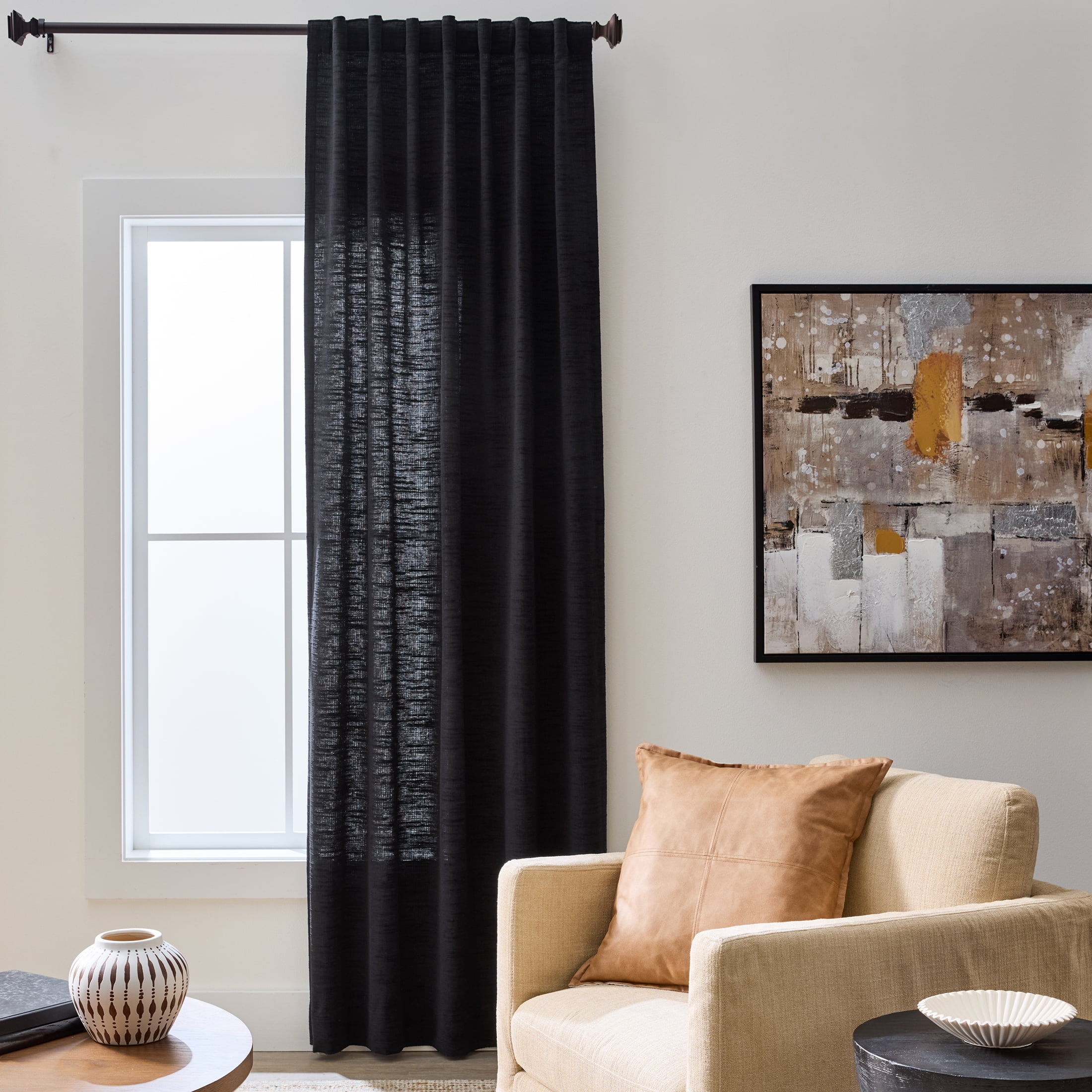 Better Homes & Gardens Textured Chenille Light-Filtering Single Curtain Panel, Rich Black, 50 in x 108 in
