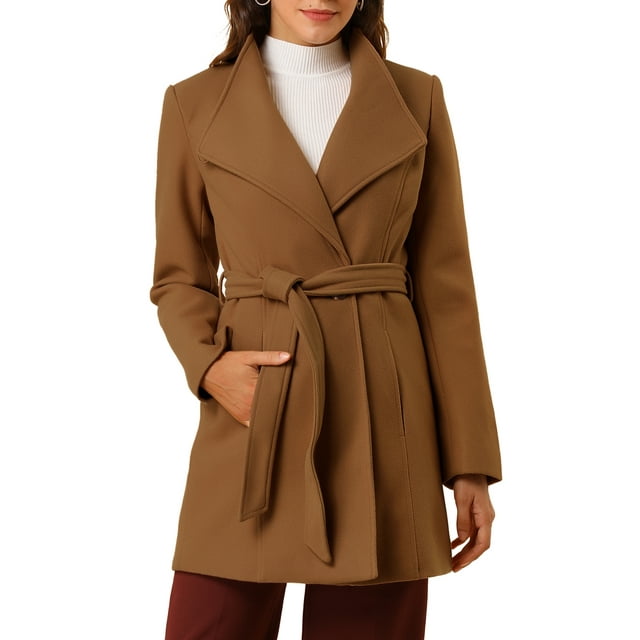 Abrigo largo de invierno con cinturón para mujer, clásico, de cuello alto, de manga larga, color marrón oscuro