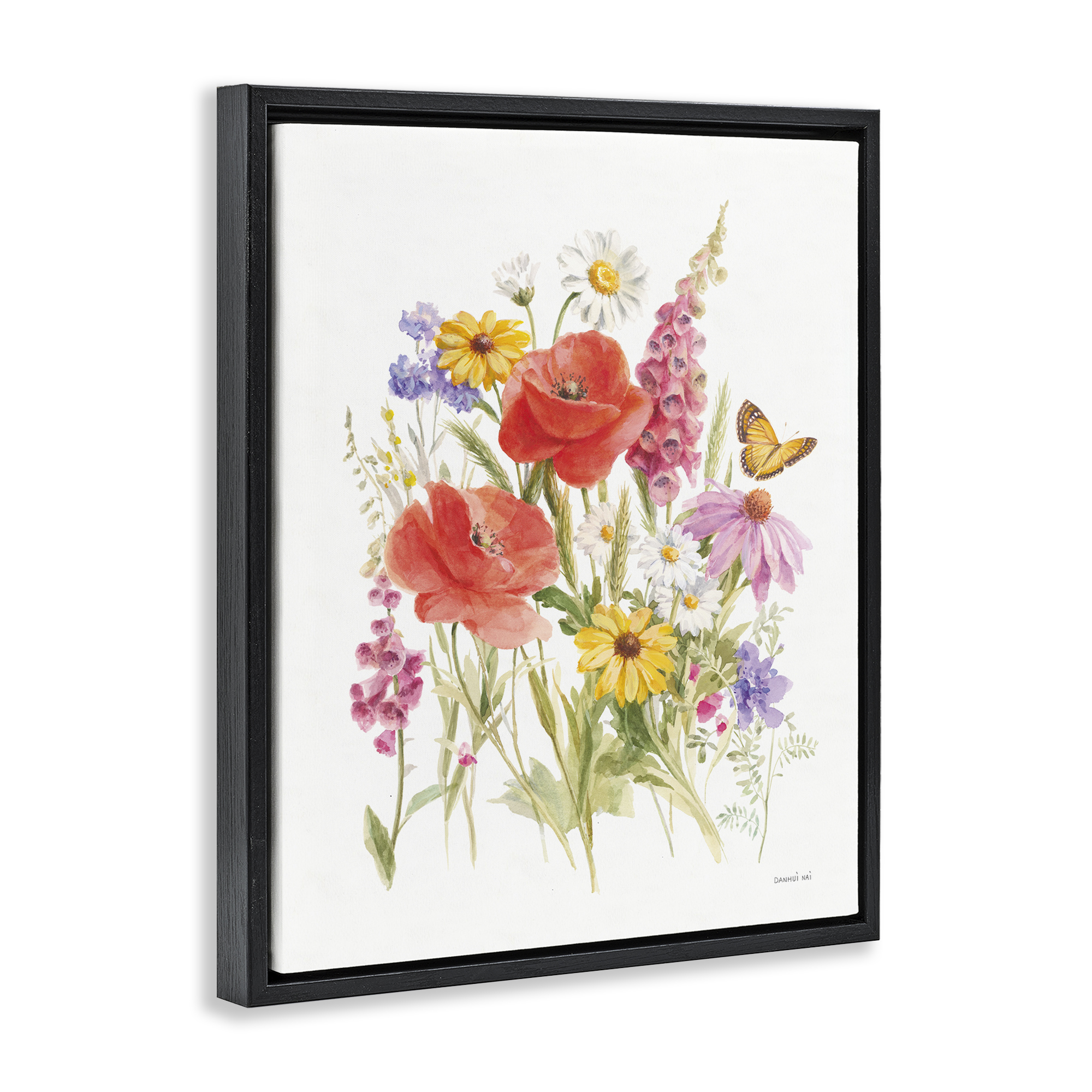 Stupell Industries Bright Flowers & Butterfly Botanical & Floral Painting Black Floater Framed Art Print Wall Art, 25 x 31
